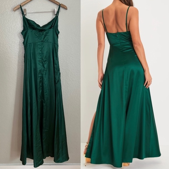 Unmistakable Allure Emerald Green Satin Pleated Maxi Dress - Picture 3 of 10